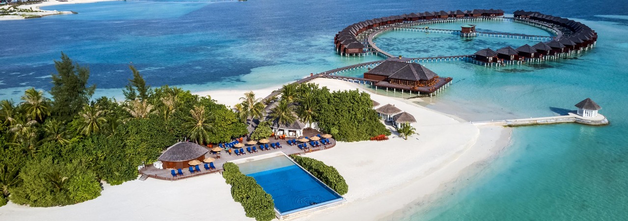 The Sun Siyam Olhuveli resort Maldives aerial pool