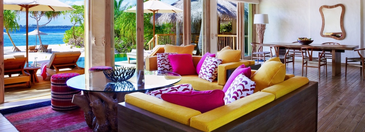 Six Senses Latitude Laamu Two Bedroom Ocean Beach Villa with Pool Living Room