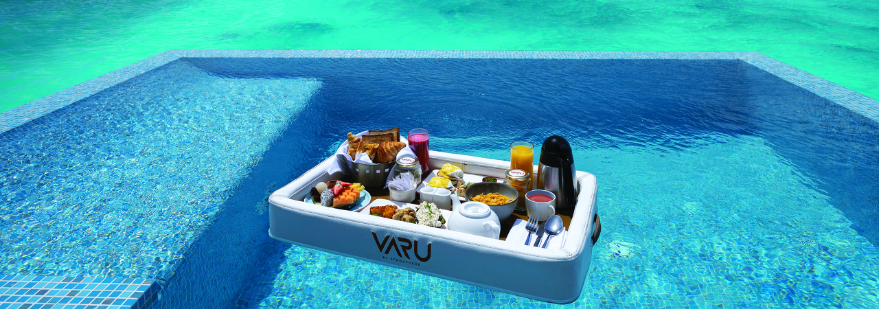 Varu by Atmosphere resort Maldives floating breakfast